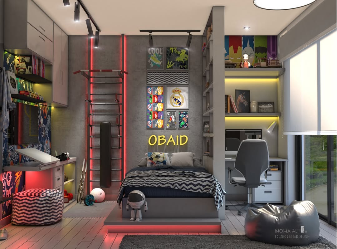 A modern boys bedroom featuring sports and superhero decor, a comfy single bed for quality sleep, wall shelves for smart storage, a study desk with a computer, gym equipment, and vibrant LED accent lighting.