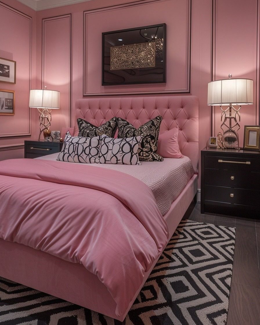A Pink and Black Room featuring pink walls, a pink upholstered bed, patterned pillows, black nightstands with lamps, and a geometric black-and-white rug offers inspiring room ideas with stylish pink and black decor.