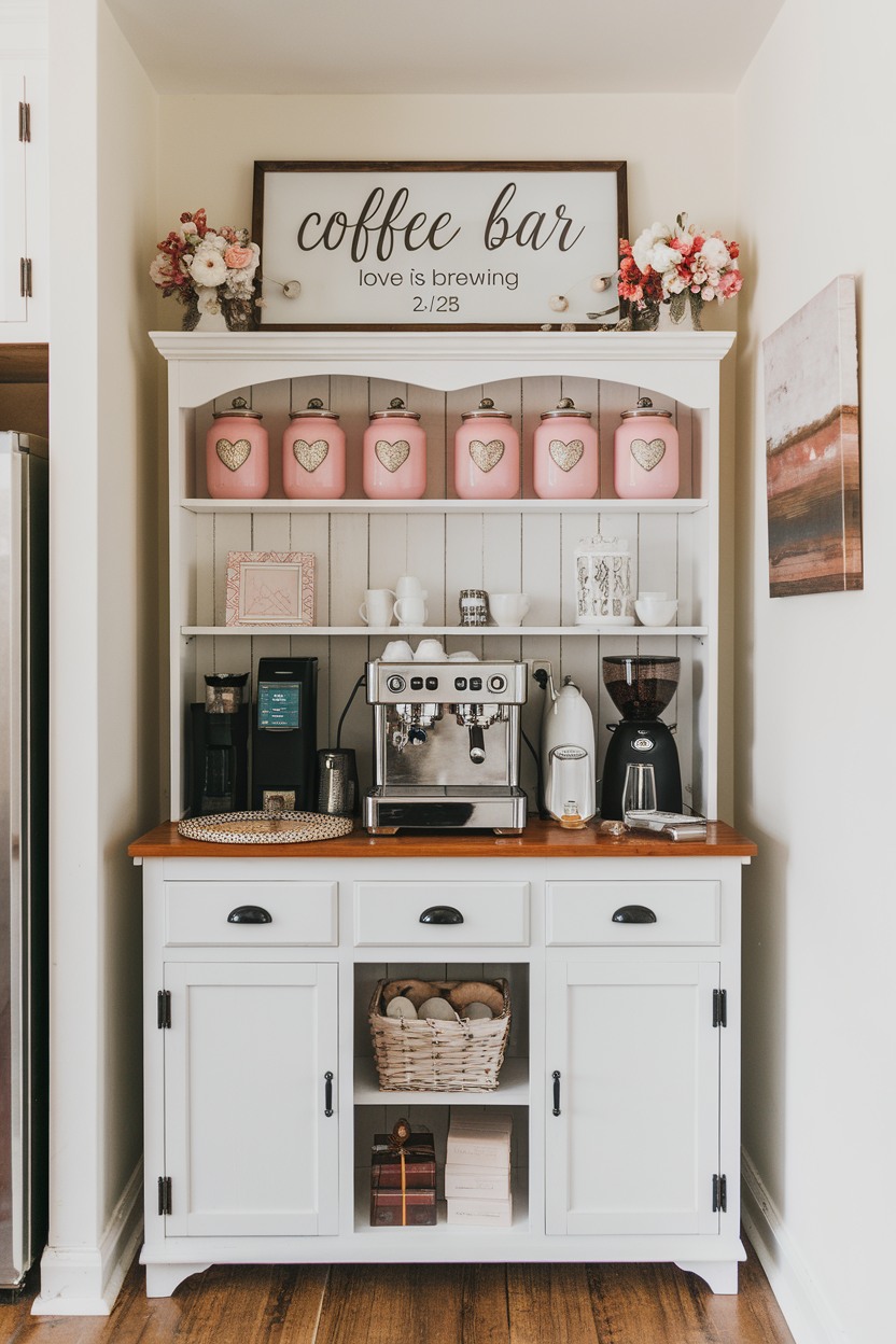 A white kitchen hutch creates a charming coffee bar, displaying a coffee maker, grinder, mugs, pink canisters, and decor. For fun kitchen coffee bar ideas, a sign reading