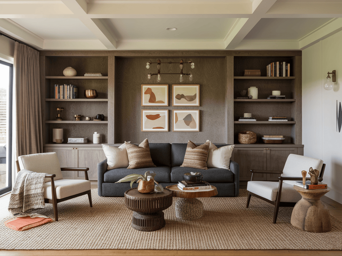 A chic living room featuring a dark sofa, two armchairs, a rug, and wooden coffee tables. Built-in shelves display books and decor with framed abstract art above the sofa. Embrace boho vibes for your living room ideas that harmonize style with comfort.