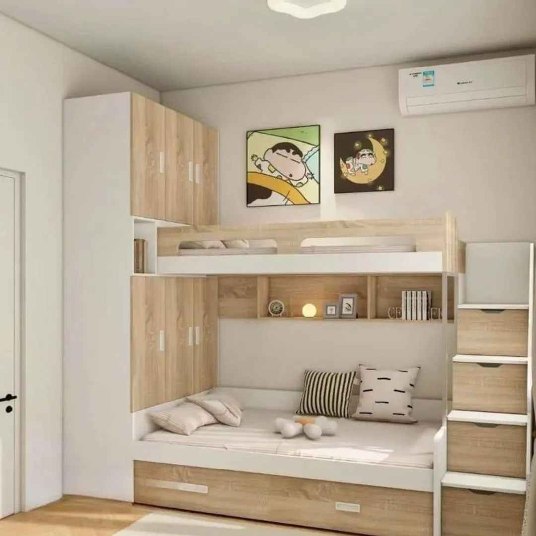 Modern bedroom with wooden bunk beds, space saving furniture, storage cabinets, a small bookshelf, decorative pillows, wall art, and an air conditioner mounted above.