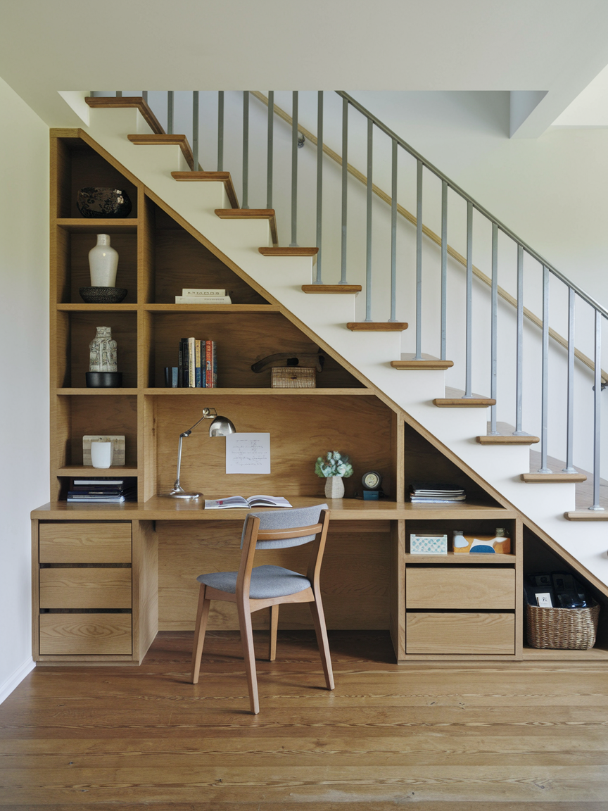 A workspace with a desk and chair is cleverly nestled under the staircase. Shelves display books and decorative items, maximizing under stairs storage. The desk features a lamp, papers, and a cup with pens. Light wood tones enhance the cozy ambiance of this innovative nook.