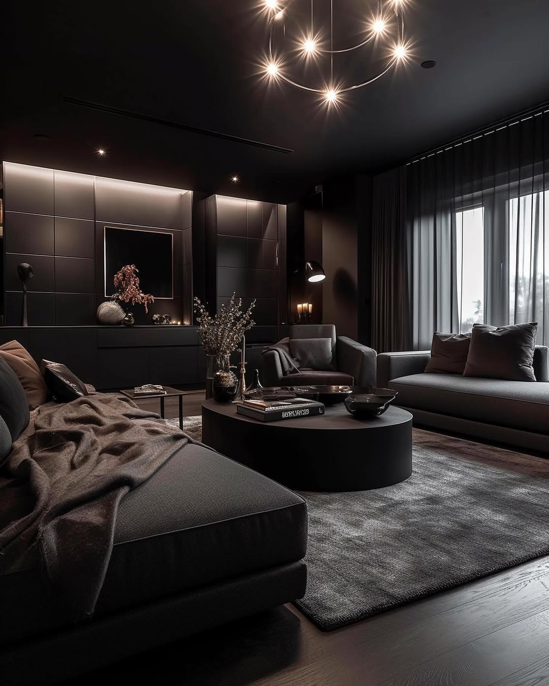 Modern black living room with dark walls and furniture, a round coffee table, contemporary lighting fixture, and large window with sheer curtains, creating a minimalist and cozy atmosphere.