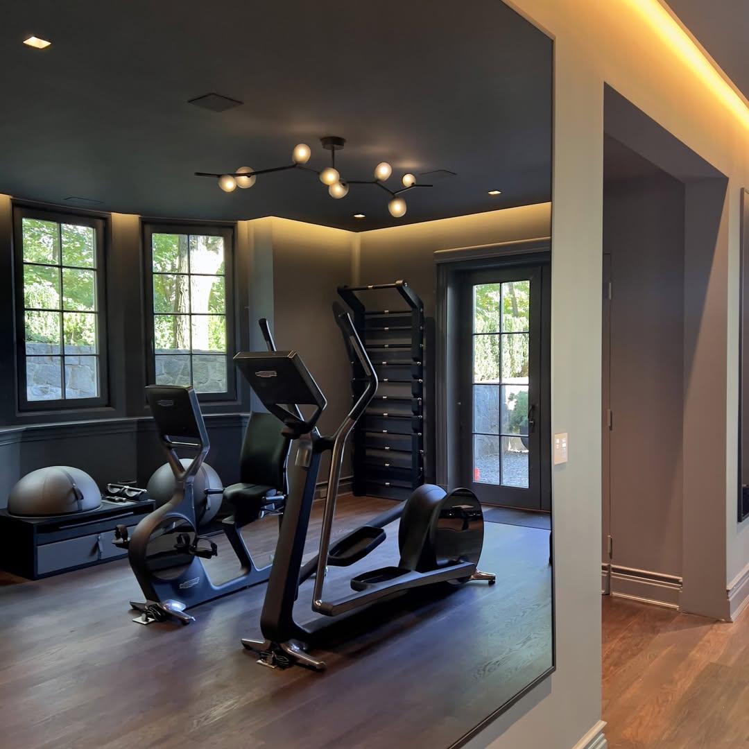 A modern mini gym at home featuring two cardio machines, a wall-mounted exercise ladder, a balance ball, and large windows letting in natural light.