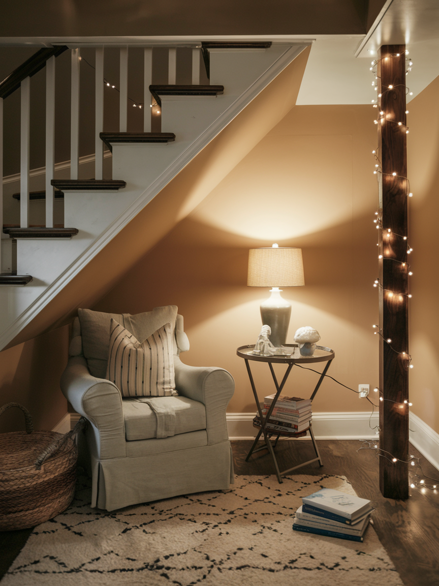 A cozy reading nook under the stairs features an inviting armchair with striped pillows, a side table adorned with a lamp, books, and fairy lights twinkling on a wooden pillar. Perfect for those seeking clever closet ideas to utilize every inch of space creatively.