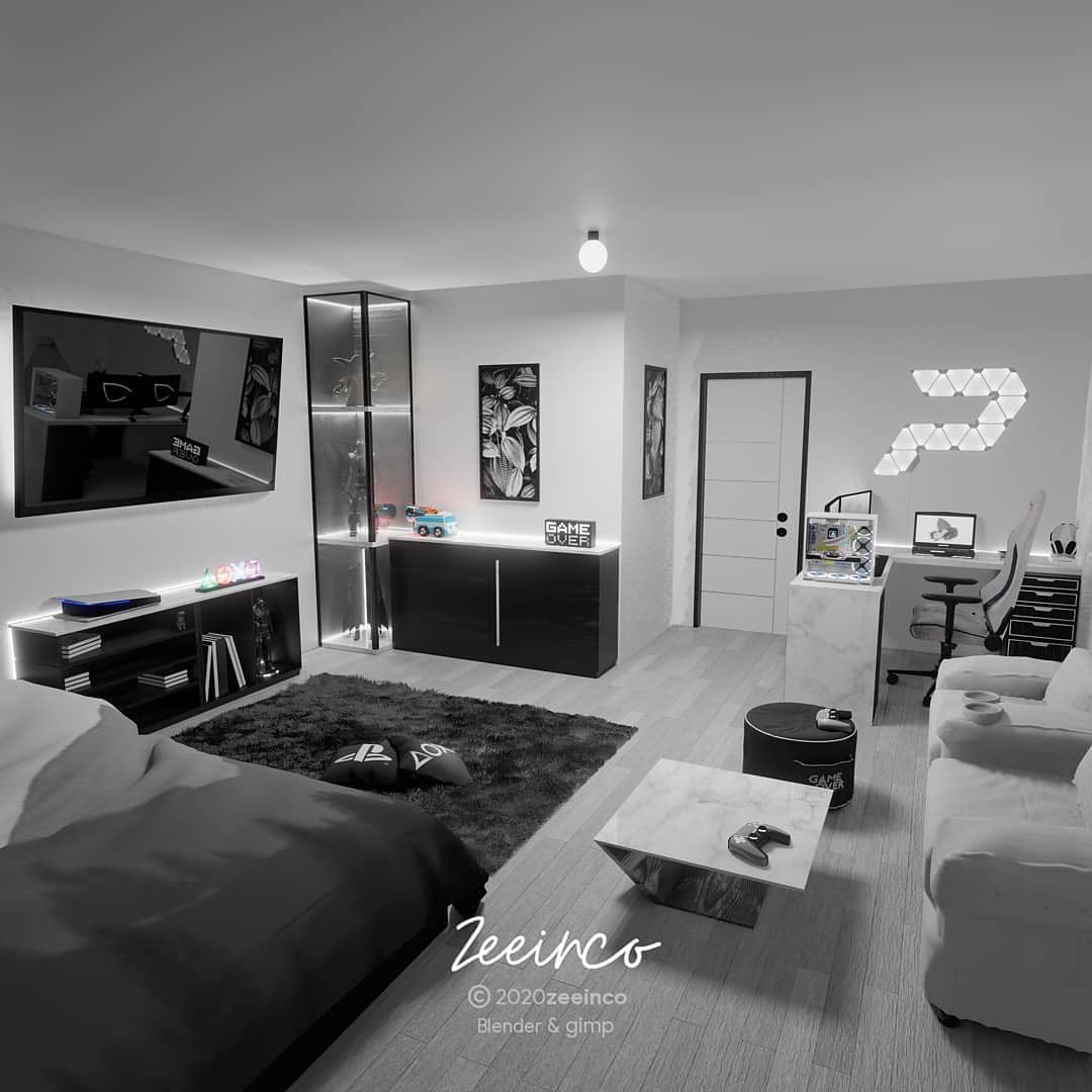 A modern bedroom with a bed, sofa, TV, and a stylish 2025 Gaming Room Setup. Black and white color scheme with gaming accessories, LED wall lights, minimalist decor, and cool Gaming Room Ideas throughout.