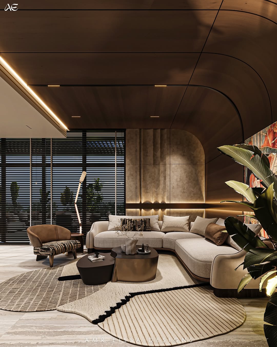 Modern Island Living Room with curved wood paneling, a beige sectional sofa, round coffee tables, accent chair, large plant, and floor lamp; natural light enters through horizontal blinds for relaxed Island Living Room Ideas.