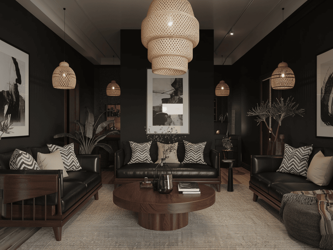 Explore modern living room ideas with black walls and leather sofas, complemented by a wooden coffee table. Large pendant lights and abstract wall art add flair, while plants infuse a touch of nature. Neutral decor and patterned cushions enhance this stylish boho decor setup.