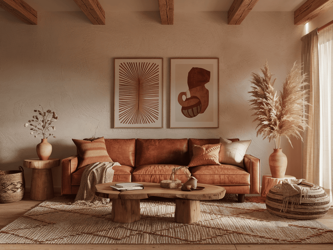 A cozy boho living room with a brown leather sofa, wooden tables, and neutral decor. Two abstract artworks hang on the wall. Large windows let in natural light, illuminating the space and enhancing the boho decor