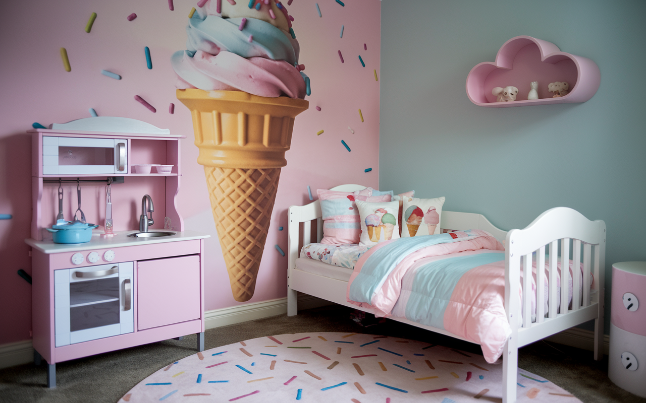 A dreamy toddler girl bedroom with an ice cream-themed decor features a cute pink and blue color scheme. It includes a toy kitchen, matching bedding, and a large ice cream mural on the wall, creating adorable and imaginative spaces.