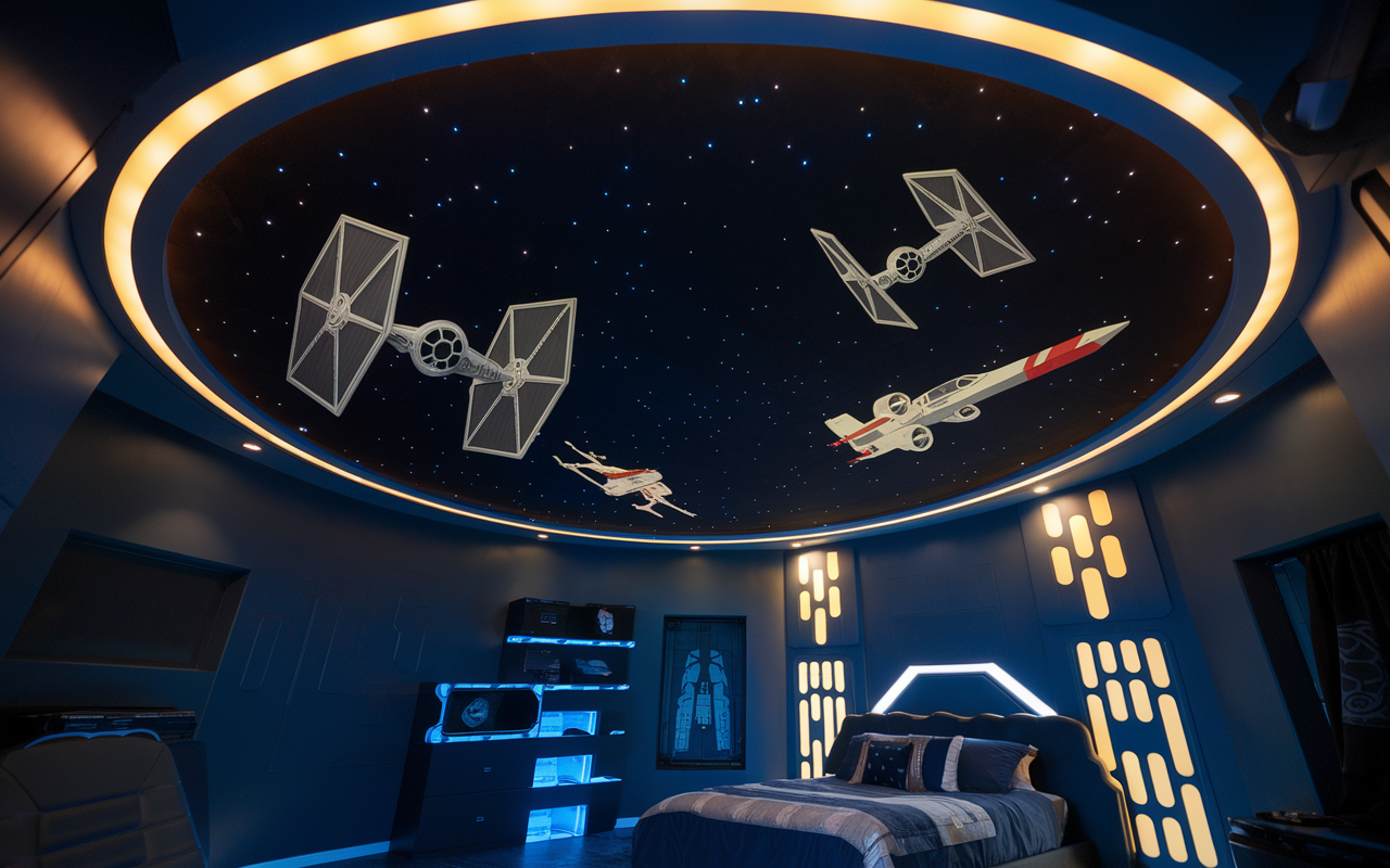 Epic futuristic bedroom with a ceiling mural of space-themed ships, ambient lighting along the edges, and modern furnishings. Imagine a Star Wars-inspired sanctuary, where even Darth Vader would find peace, with a bed centered perfectly in the room.