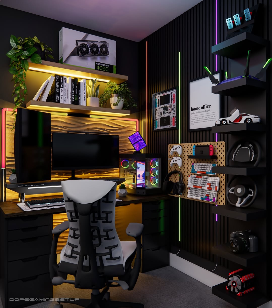 A modern gaming room setup with dual monitors, a gaming PC, LED lights, shelves filled with gadgets and controllers, and a white ergonomic chair—perfect inspiration for the latest gaming room ideas in 2025.