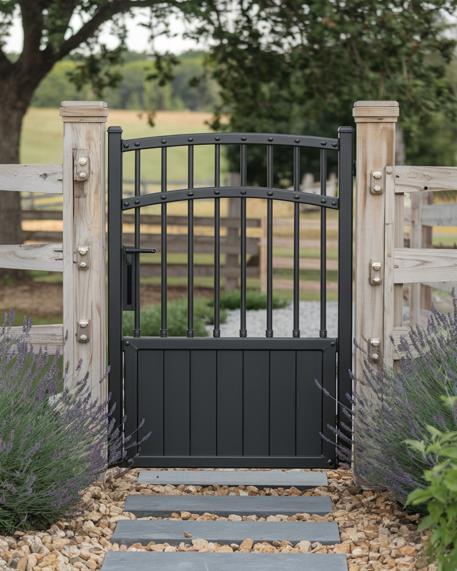 A black metal farmhouse gate set between wooden posts, surrounded by lavender plants, leads to a gravel path with trees and fields visible in the background.