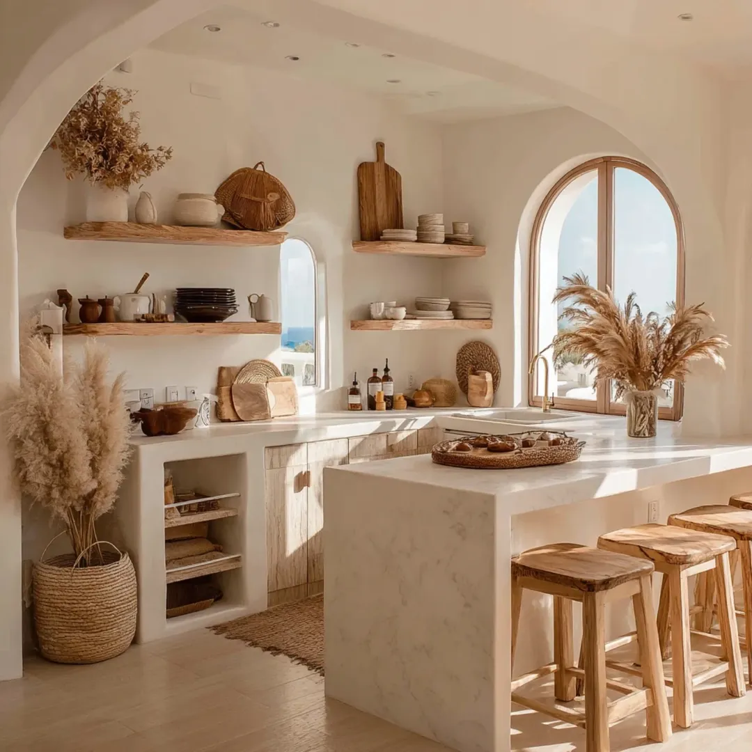 A bright kitchen with white walls, wooden shelves and stools, dried plants, and sunlight streaming through an arched window offers inspiring modern kitchen ideas for a fresh, inviting space.