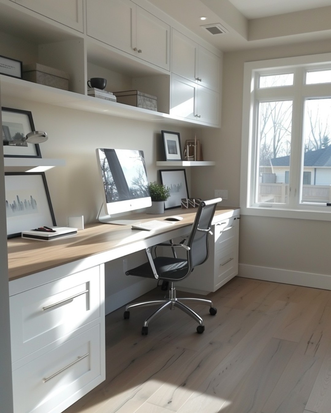 Modern home office with a wooden desk, computer, swivel chair, shelves with books and decor, and large window letting in natural light—perfect for those seeking smart desk organization ideas.