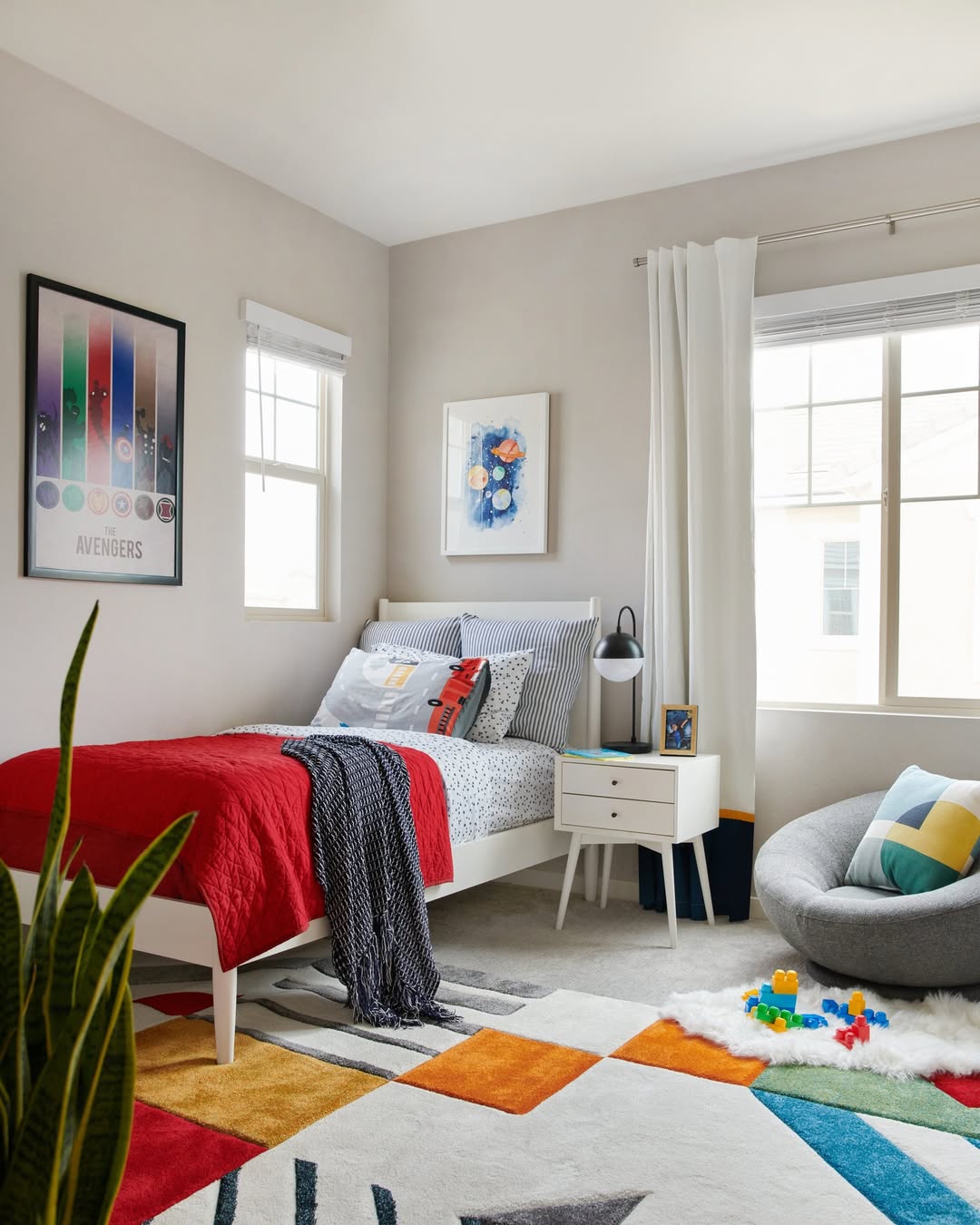 A bright boys bedroom featuring a single bed with colorful bedding, modern decor, framed posters, storage solutions, a rug with geometric patterns, and toys on the floor near a round gray chair—perfect for sleep and play.