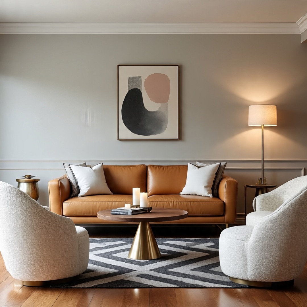 A modern living room with a tan leather sofa, two white chairs, a round coffee table, geometric rug, and abstract art on a gray wall. A floor lamp stands beside the sofa, showcasing fresh living room ideas for modern decor enthusiasts.