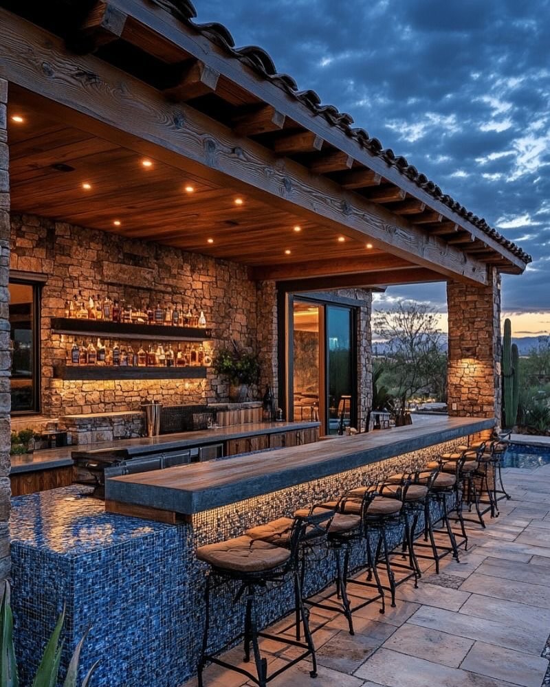 Rustic outdoor kitchen with stone walls, wooden ceiling, under-counter lighting, high stools, and a poolside view at sunset. Shelves with bottles and a desert landscape add to the charm—perfect for outdoor kitchen ideas lovers.