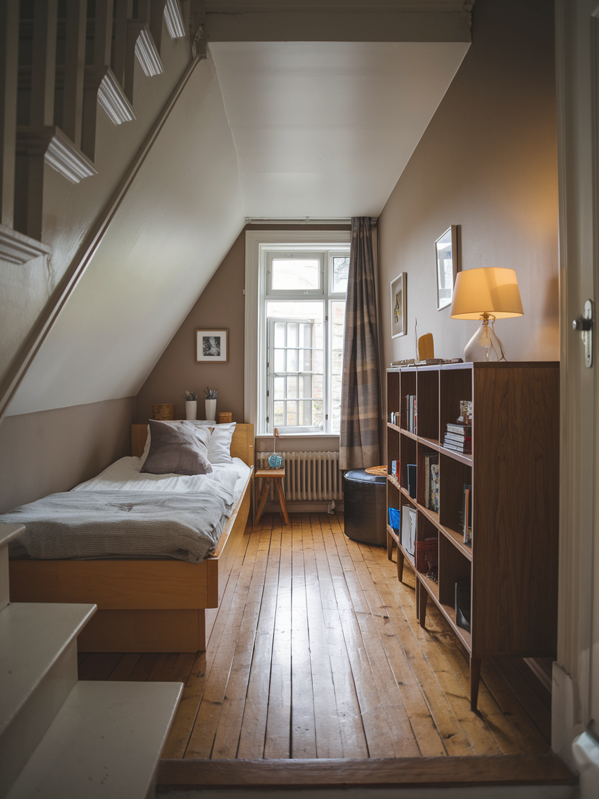 A cozy bedroom with a single bed tucked under the stairs features clever storage solutions. It boasts a wooden floor, bookshelves, and a small round table beside a lamp by the window with an elegant curtain.