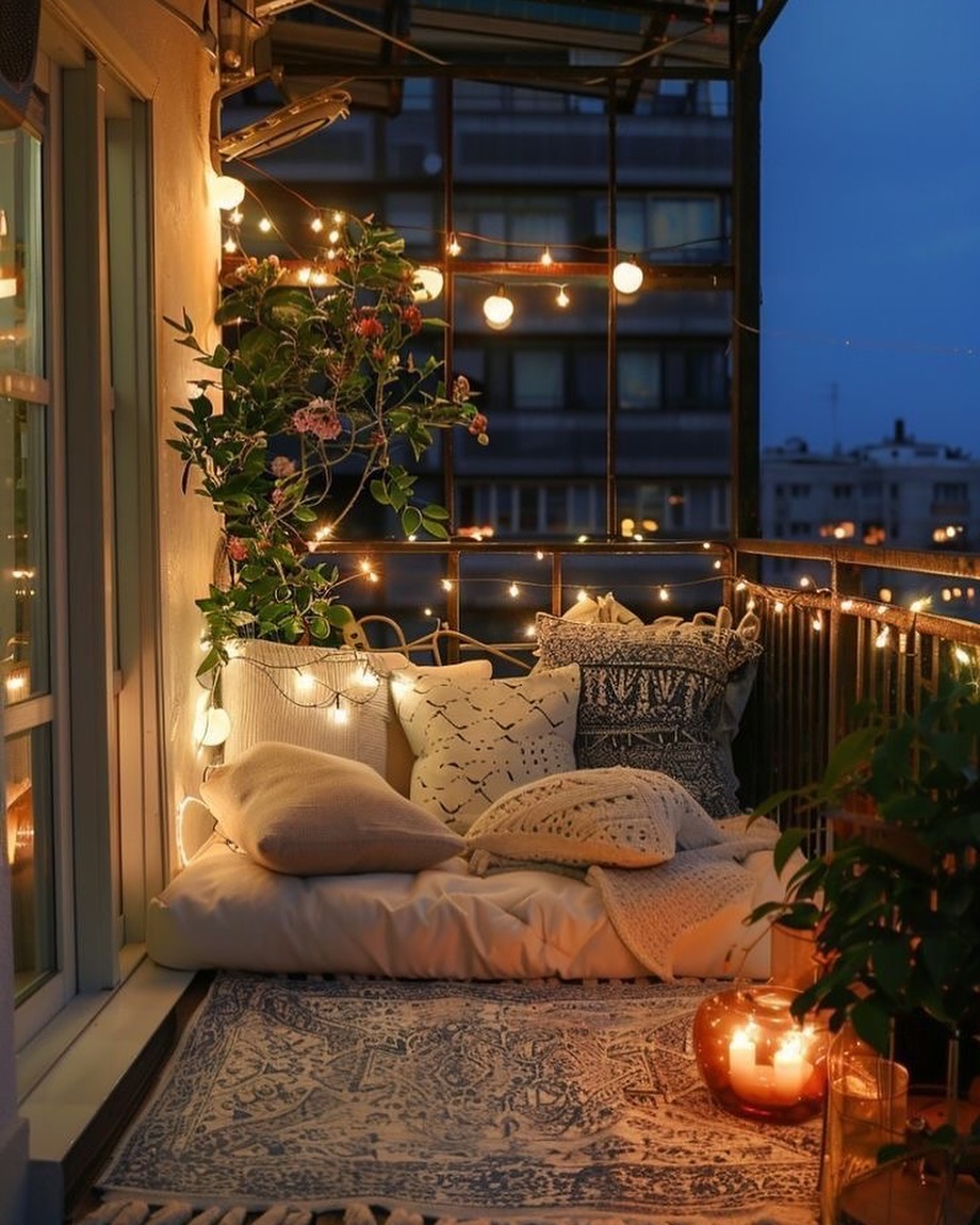A cozy balcony at dusk offers inspiring corner decor: string lights, cushions, blankets, potted plants, and lit candles atop a patterned rug, with city buildings in the background—perfect for home decoration enthusiasts.