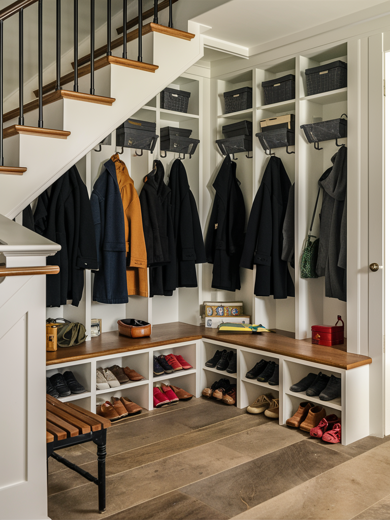 A mudroom with coats hanging in cubbies, various shoes stored below, and baskets above features a clever use of space. A bench lines the L-shaped wall, while under the stairs lies an inspiring nook for closet ideas. A wooden staircase with black railing is visible to the left.
