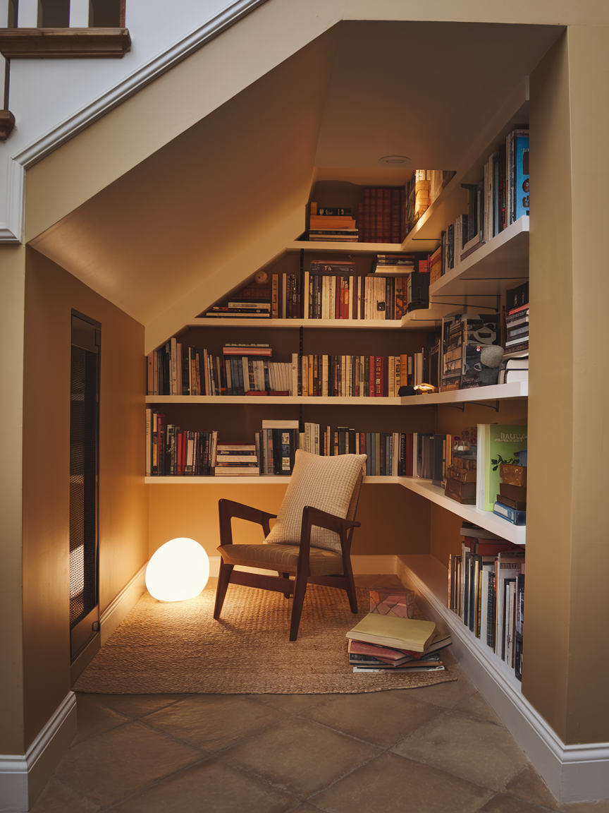 A cozy reading nook under a staircase, reminiscent of imaginative closet ideas, features a wooden chair, shelves packed with books, and a glowing spherical lamp on a woven rug.