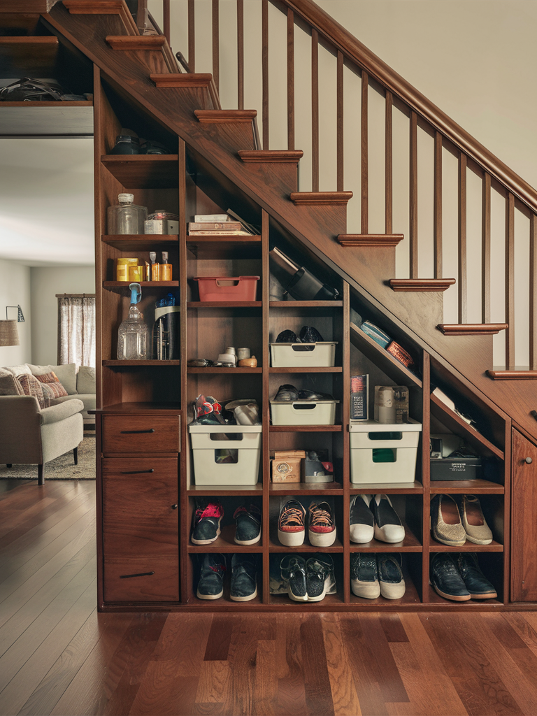 Wooden under-stair storage unit with shelves and cubbies neatly organizing shoes, containers, and more. This clever under the stairs closet idea enhances the living room