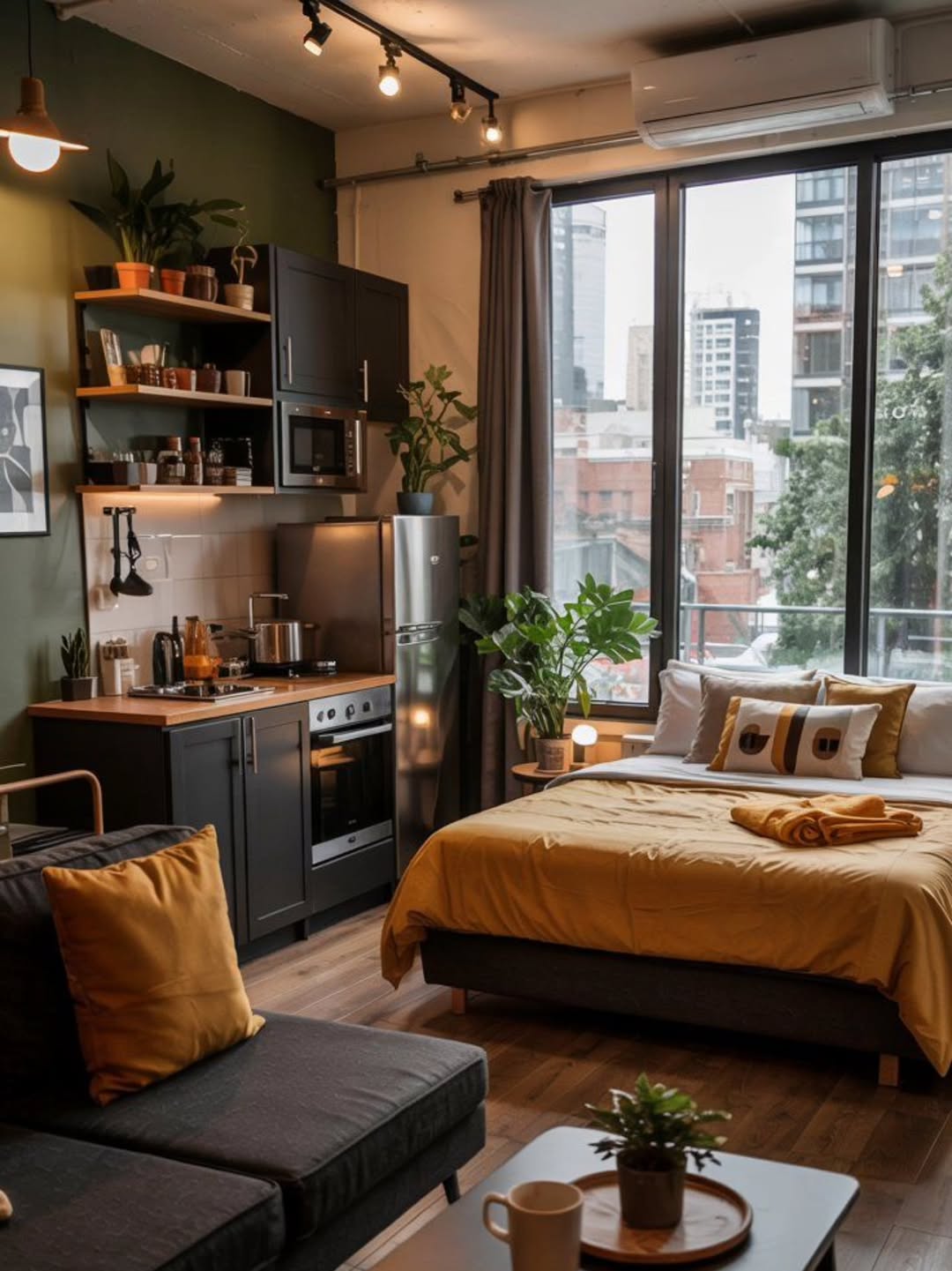 Modern studio apartment with bed, sofa, kitchenette, and large windows overlooking city buildings; decorated with plants and yellow accents—perfect for those seeking stylish small apartment decor and smart apartment organization.