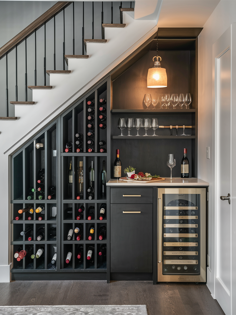 Under-stair wine storage with a dark cabinet, wine bottles, and wine glasses on shelves. The countertop, complete with a wine opener, is illuminated by a warm pendant lamp. Perfect for those exploring creative closet ideas in style.