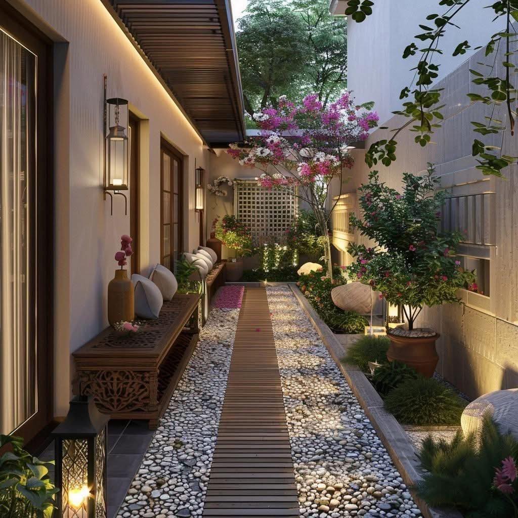 A narrow garden walkway with wooden planks and white pebbles, flanked by benches, potted plants, and blooming trees, showcases excellent small backyard landscaping between two buildings in the soft evening light.